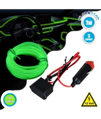 GloboStar® 82202 TUBE 360° Degree Διακοσμητική EL-Wire Neon Αυτοκινήτου Κορδόνι ΣΕΤ 3m 1W-3m 30lm-m 360° DC 12V με Βύσμα Αναπτήρα Αυτοκινήτου Αδιάβροχη IP68 Πράσινο Φωσφορούχο